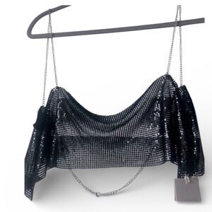 NWT Da Veamor Black Chainmail Crop Top Cowl Neck Silver Chain Straps Festival M